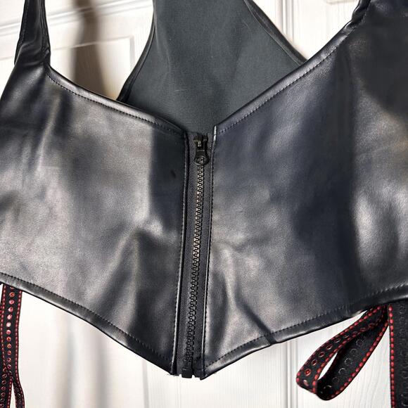 Women's Black Faux Leather Dark Gothic Witchy Halter Halter Bustier Corset XL - Picture 2 of 9